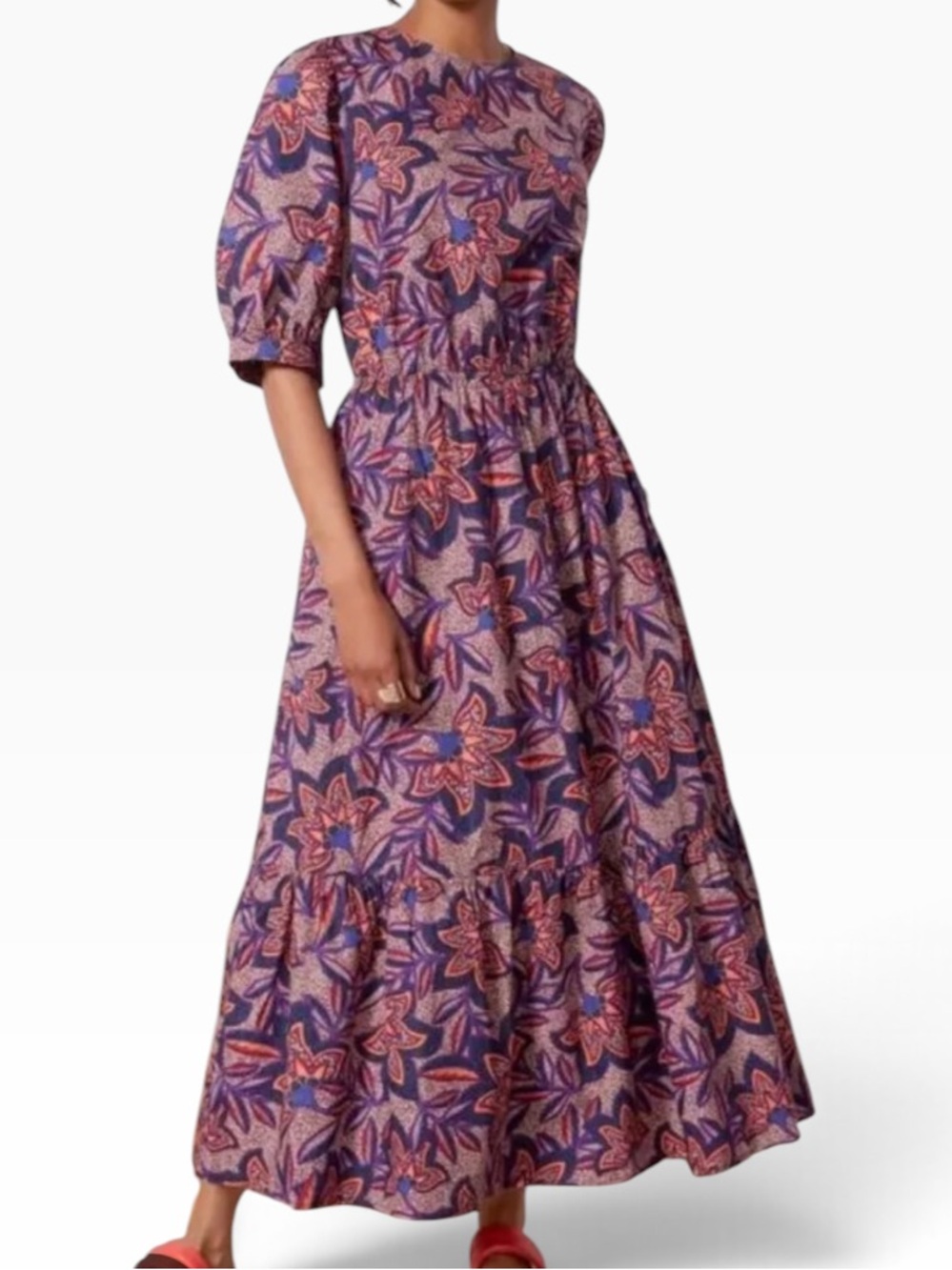 Evereve "Noelle" Purple/Orange Floral Cotton Puff Sleeve Open Back Midi Dress S